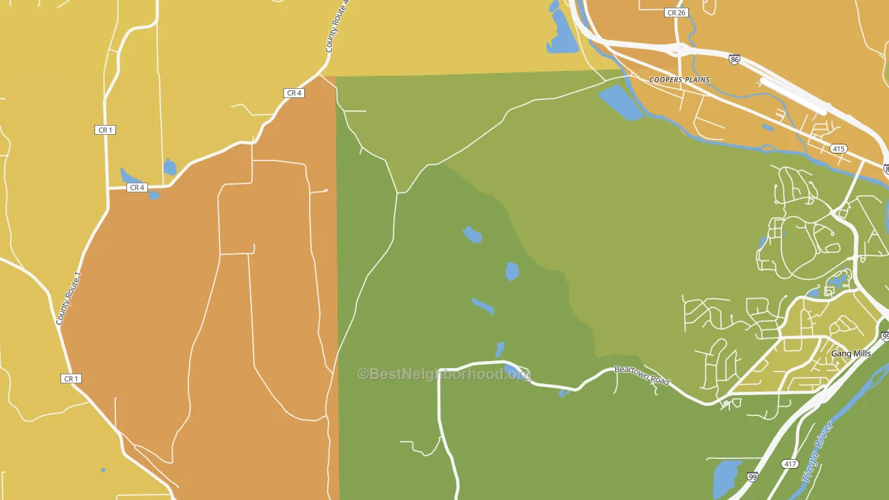 Map of the best neighborhoods in the Coopers Plains area, with better matches in green and worse matches in red