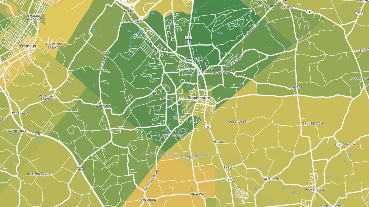 Map of the best neighborhoods in the Coopersburg area, with better matches in green and worse matches in red