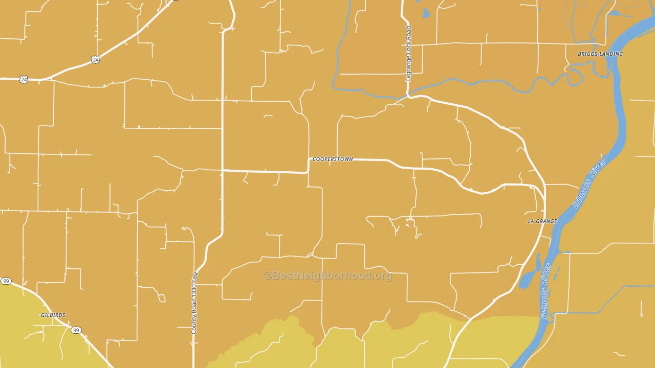 Map of the best neighborhoods in the Cooperstown area, with better matches in green and worse matches in red