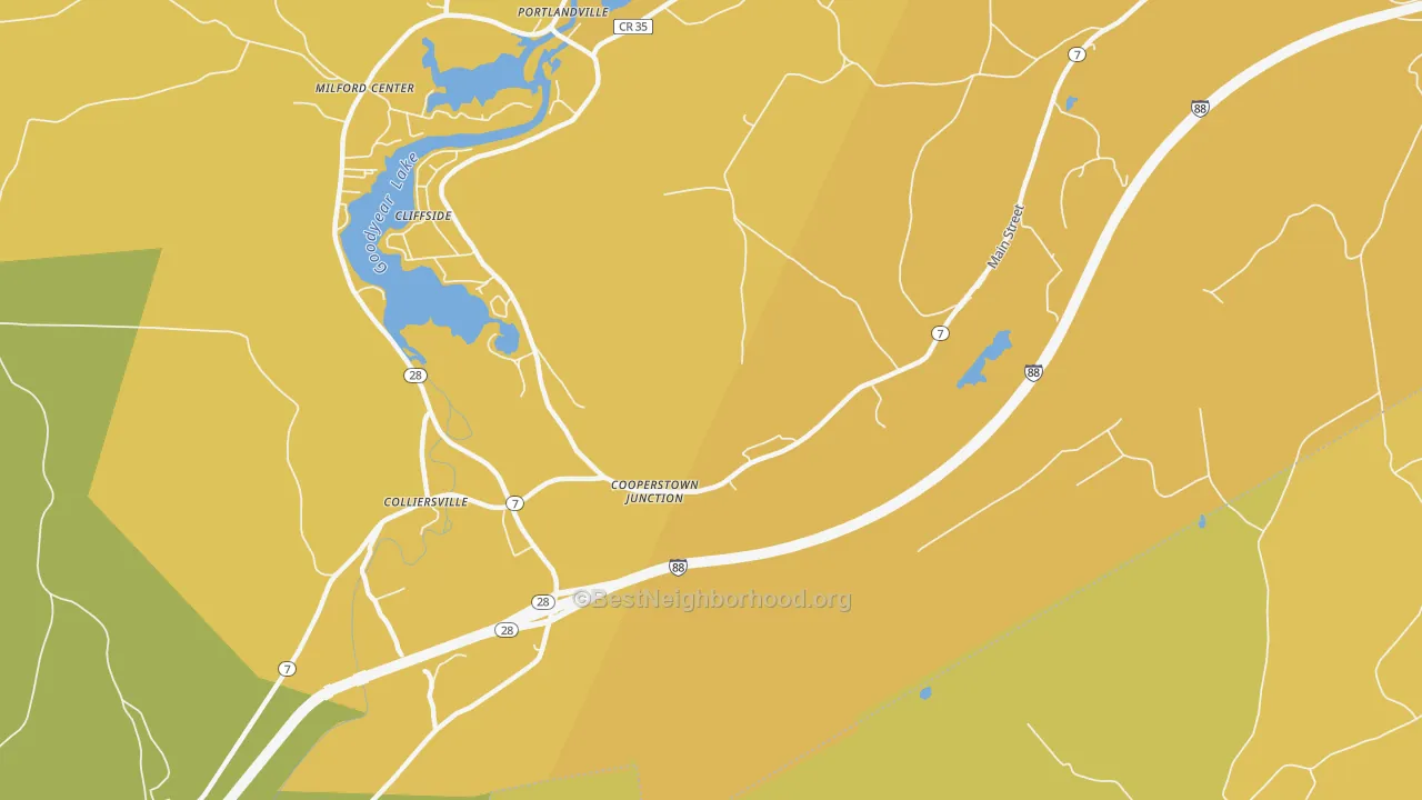 Map of the best neighborhoods in the Cooperstown Junction area, with better matches in green and worse matches in red