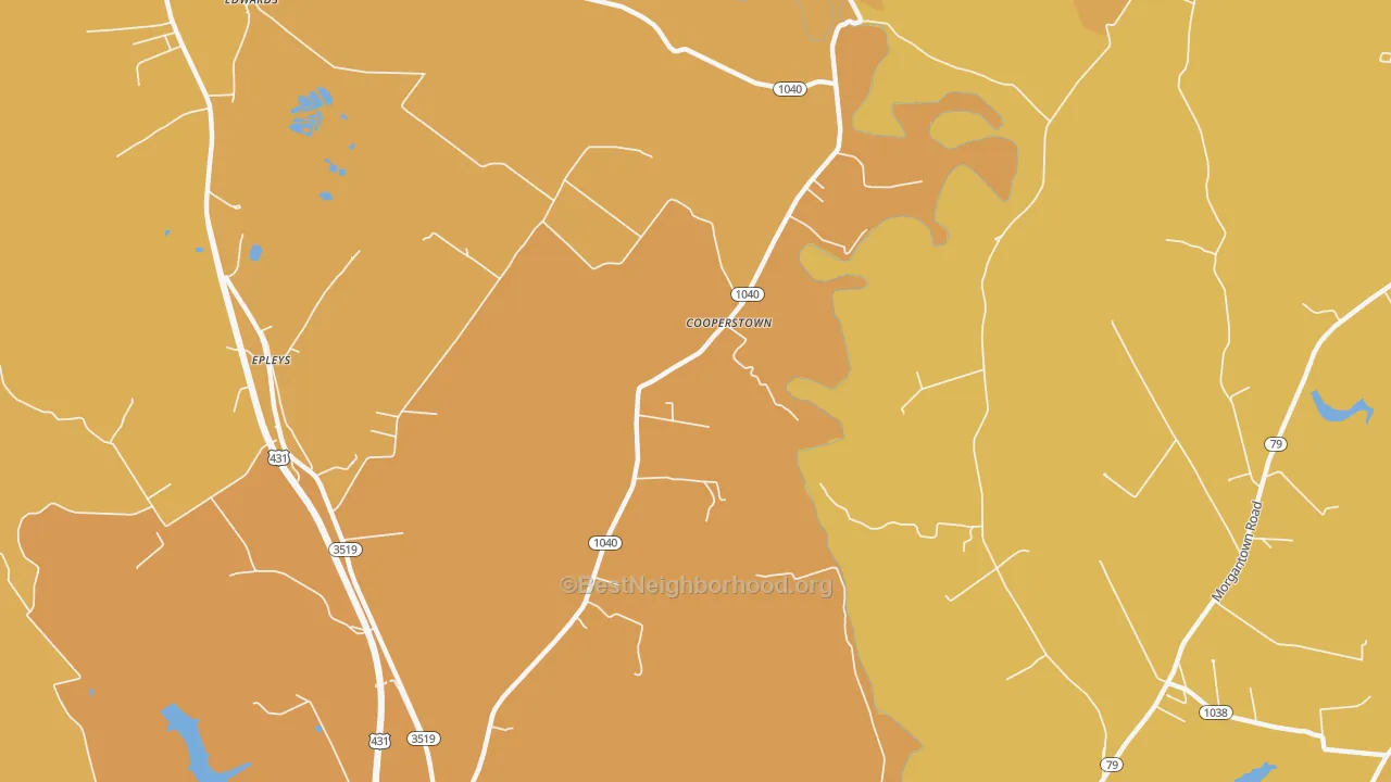 Map of the best neighborhoods in the Cooperstown area, with better matches in green and worse matches in red