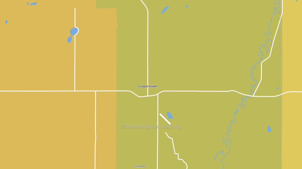 Map of the best neighborhoods in the Cooperstown area, with better matches in green and worse matches in red
