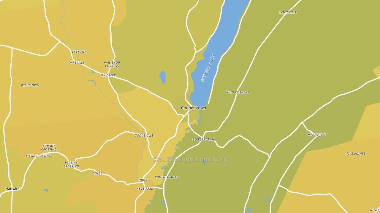 Map of the best neighborhoods in the Cooperstown area, with better matches in green and worse matches in red