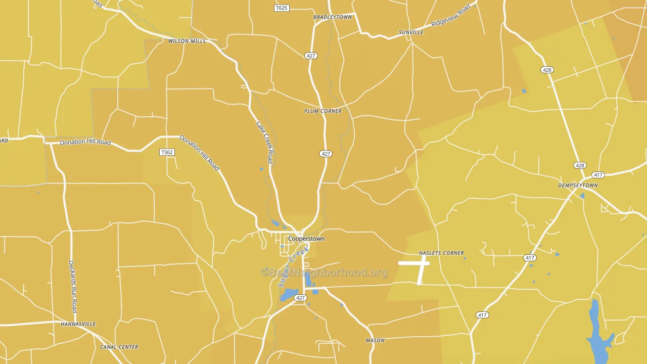 Map of the best neighborhoods in the Cooperstown area, with better matches in green and worse matches in red
