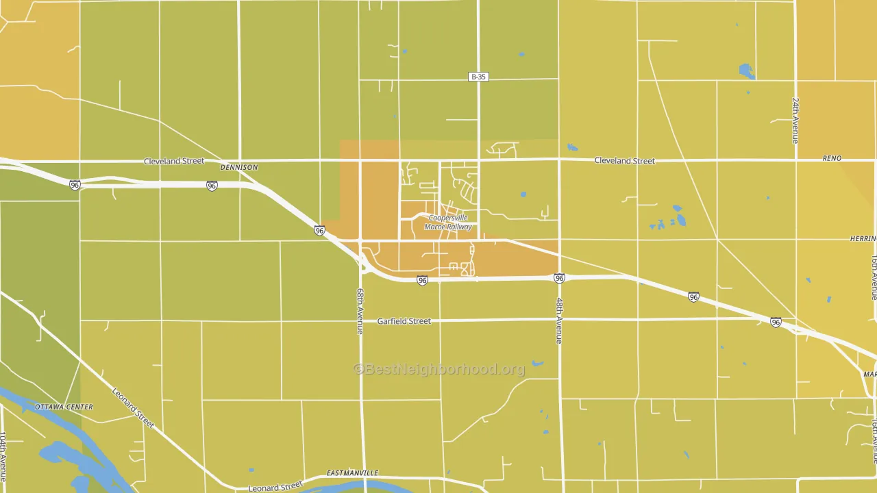 Map of the best neighborhoods in the Coopersville area, with better matches in green and worse matches in red