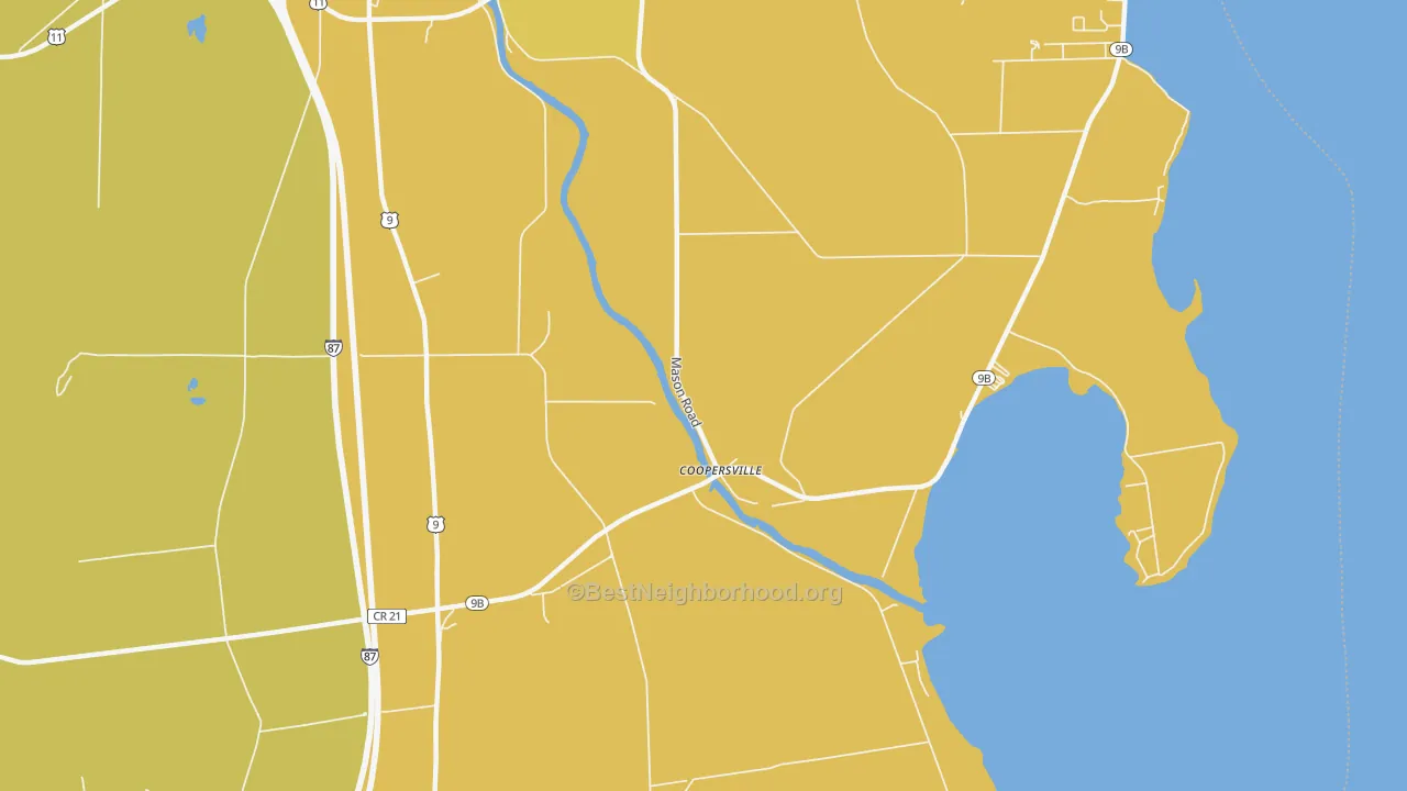 Map of the best neighborhoods in the Coopersville area, with better matches in green and worse matches in red