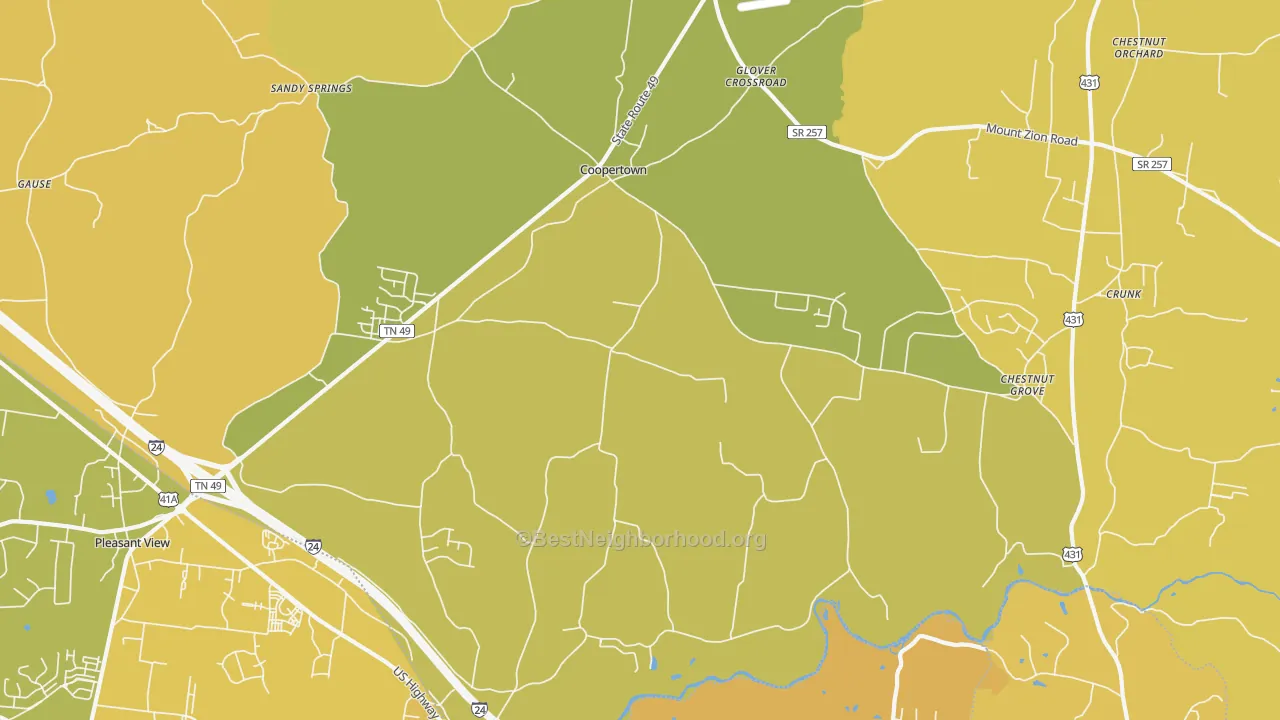 Map of the best neighborhoods in the Coopertown area, with better matches in green and worse matches in red