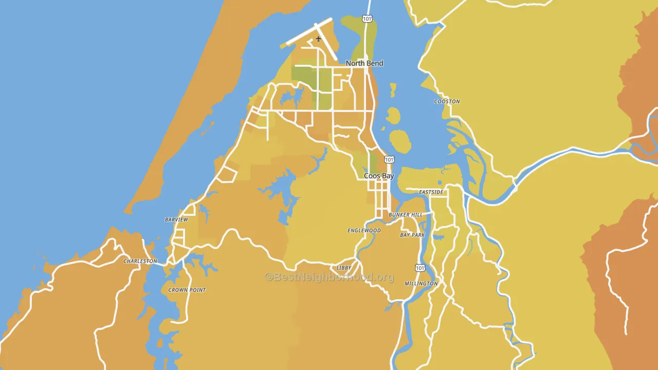 Map of the best neighborhoods in the Coos Bay area, with better matches in green and worse matches in red