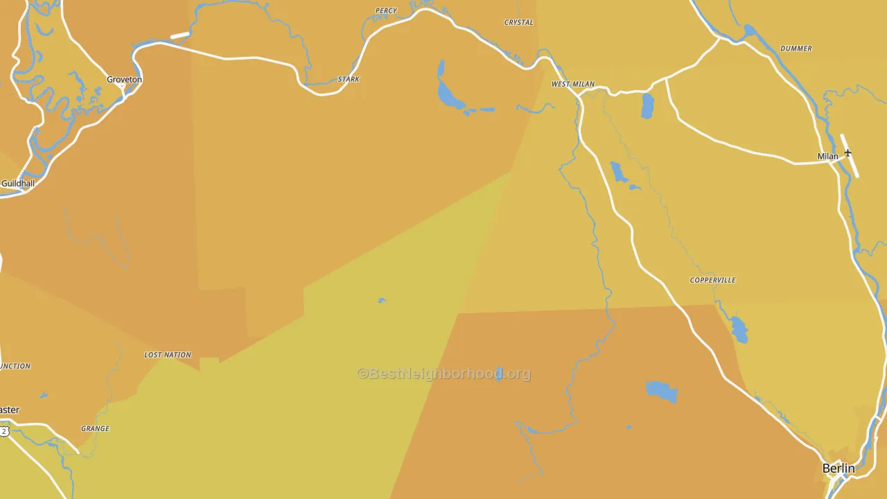 Map of the best neighborhoods in the Coos County area, with better matches in green and worse matches in red