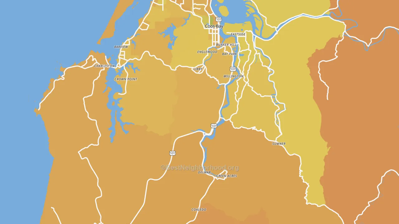 Map of the best neighborhoods in the Coos County area, with better matches in green and worse matches in red