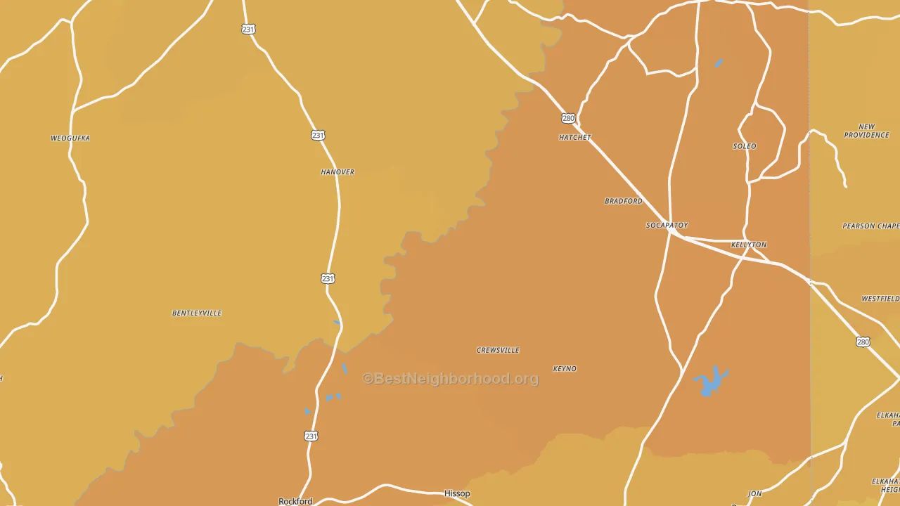 Map of the best neighborhoods in the Coosa County area, with better matches in green and worse matches in red