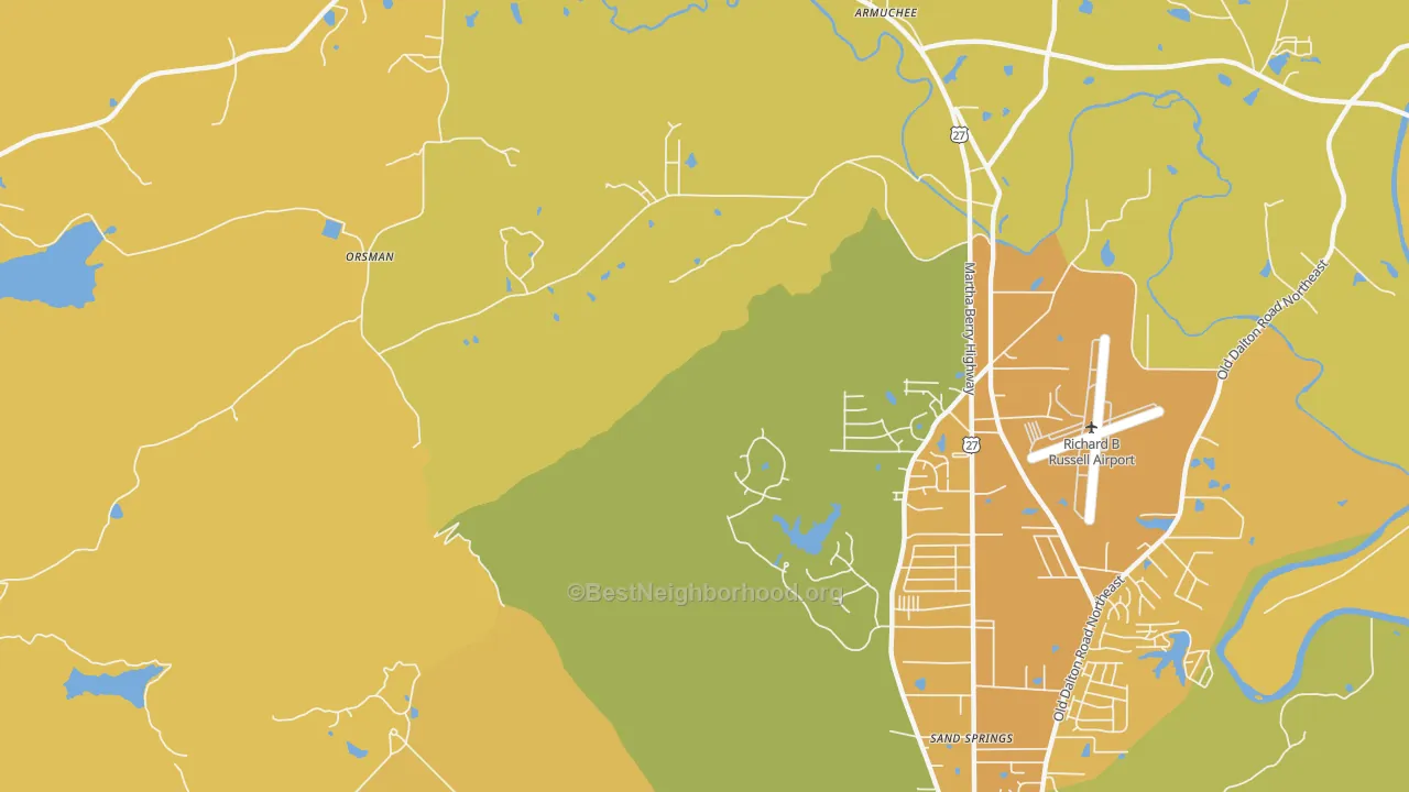 Map of the best neighborhoods in the Coosa area, with better matches in green and worse matches in red