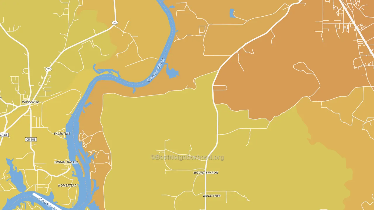Map of the best neighborhoods in the Coosa Pines area, with better matches in green and worse matches in red