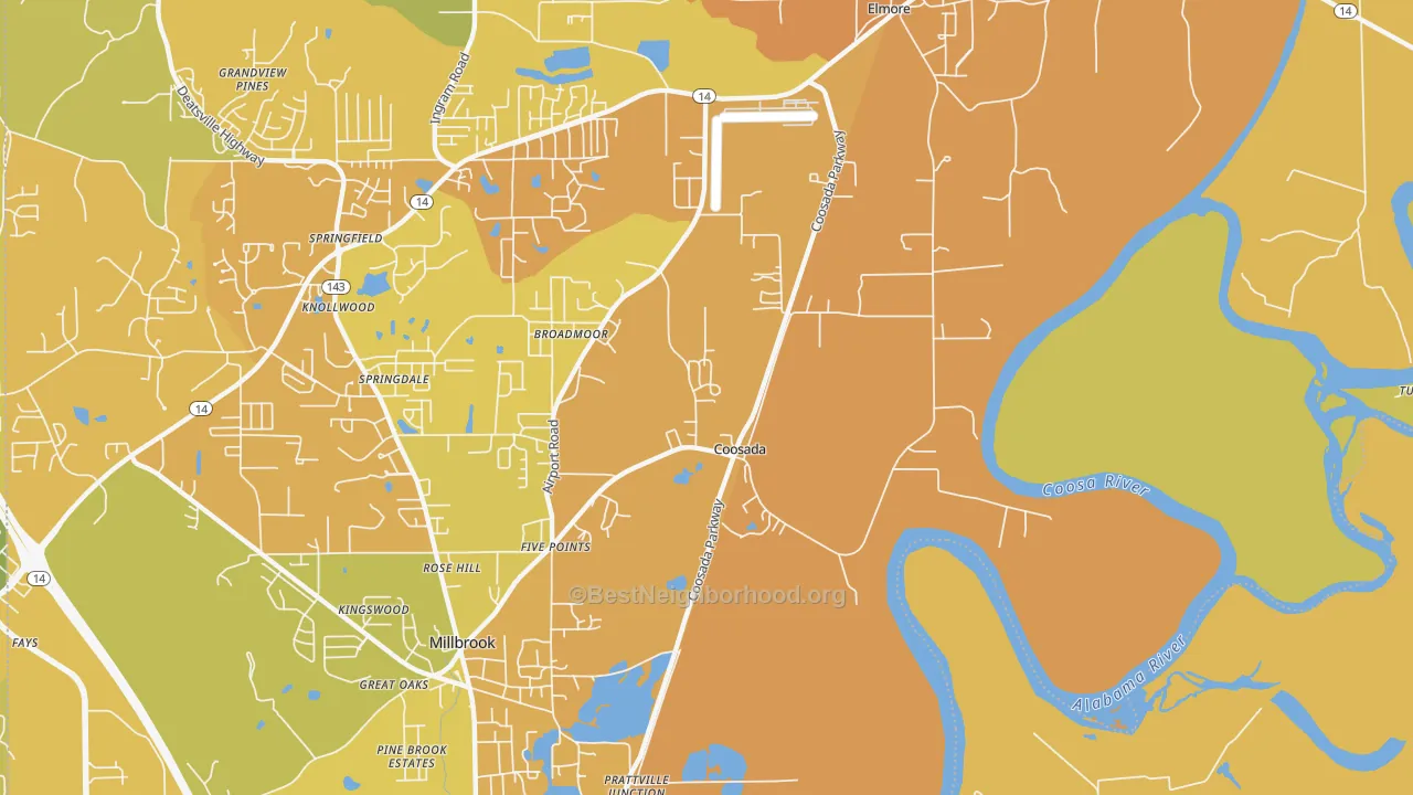 Map of the best neighborhoods in the Coosada area, with better matches in green and worse matches in red