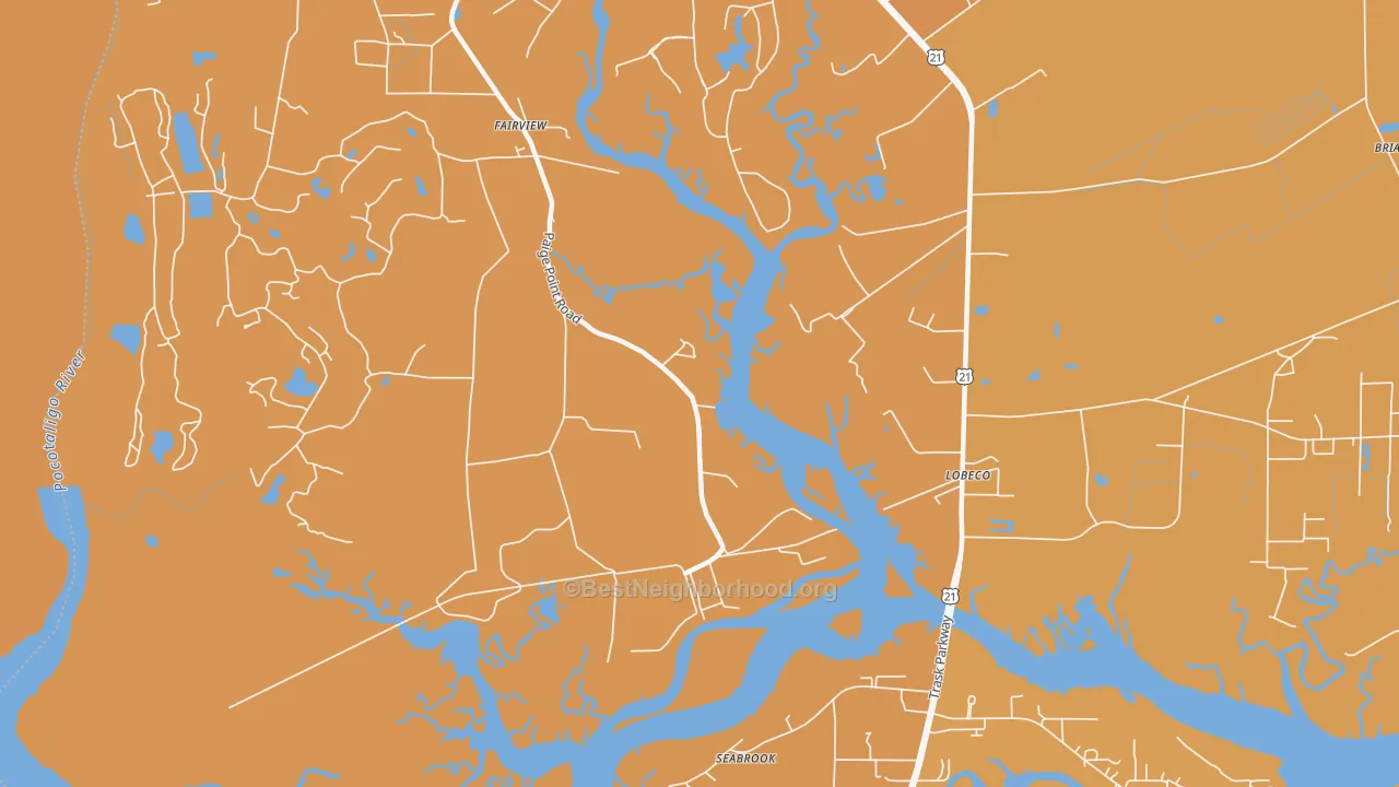 Map of the best neighborhoods in the Coosaw area, with better matches in green and worse matches in red