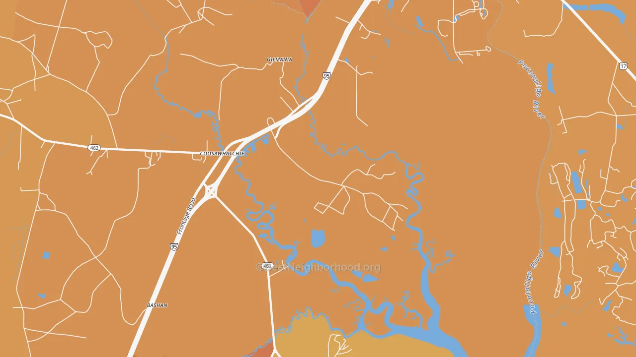 Map of the best neighborhoods in the Coosawatchie area, with better matches in green and worse matches in red