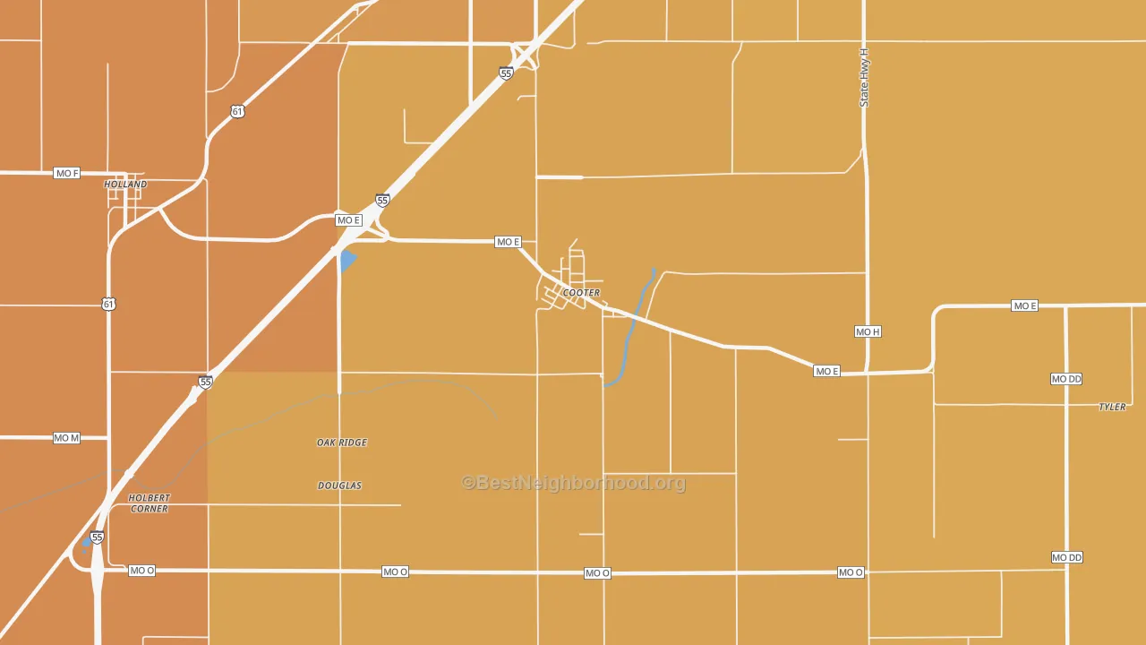 Map of the best neighborhoods in the Cooter area, with better matches in green and worse matches in red