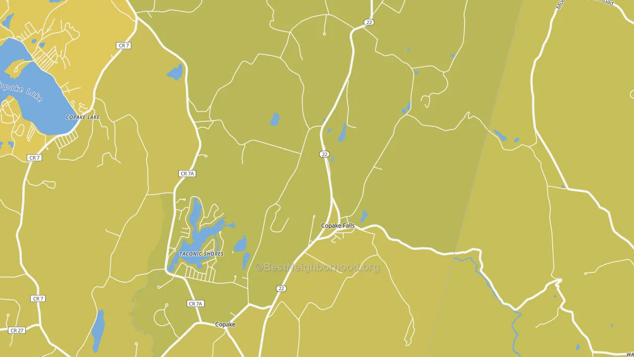 Map of the best neighborhoods in the Copake Falls area, with better matches in green and worse matches in red