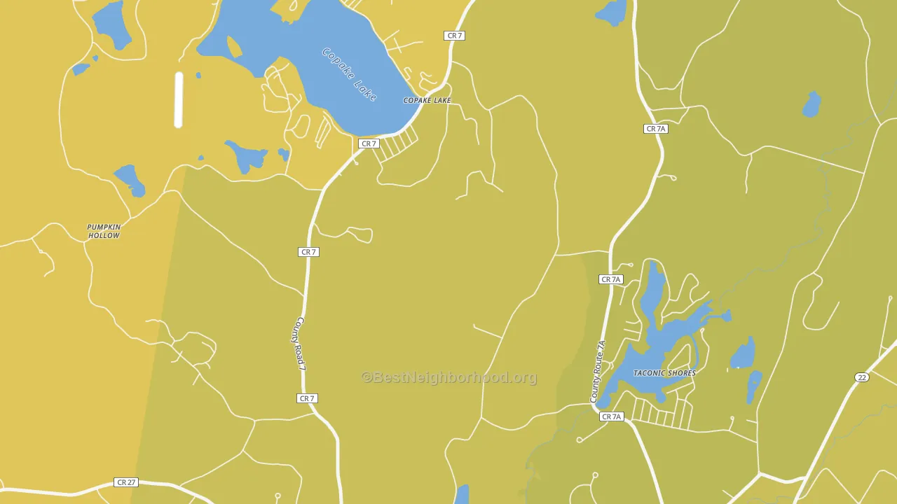 Map of the best neighborhoods in the Copake Lake area, with better matches in green and worse matches in red