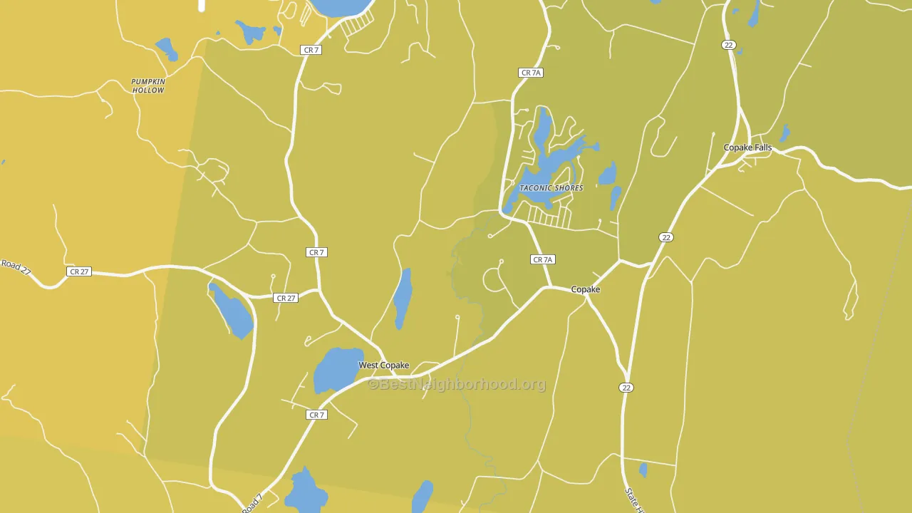 Map of the best neighborhoods in the Copake area, with better matches in green and worse matches in red