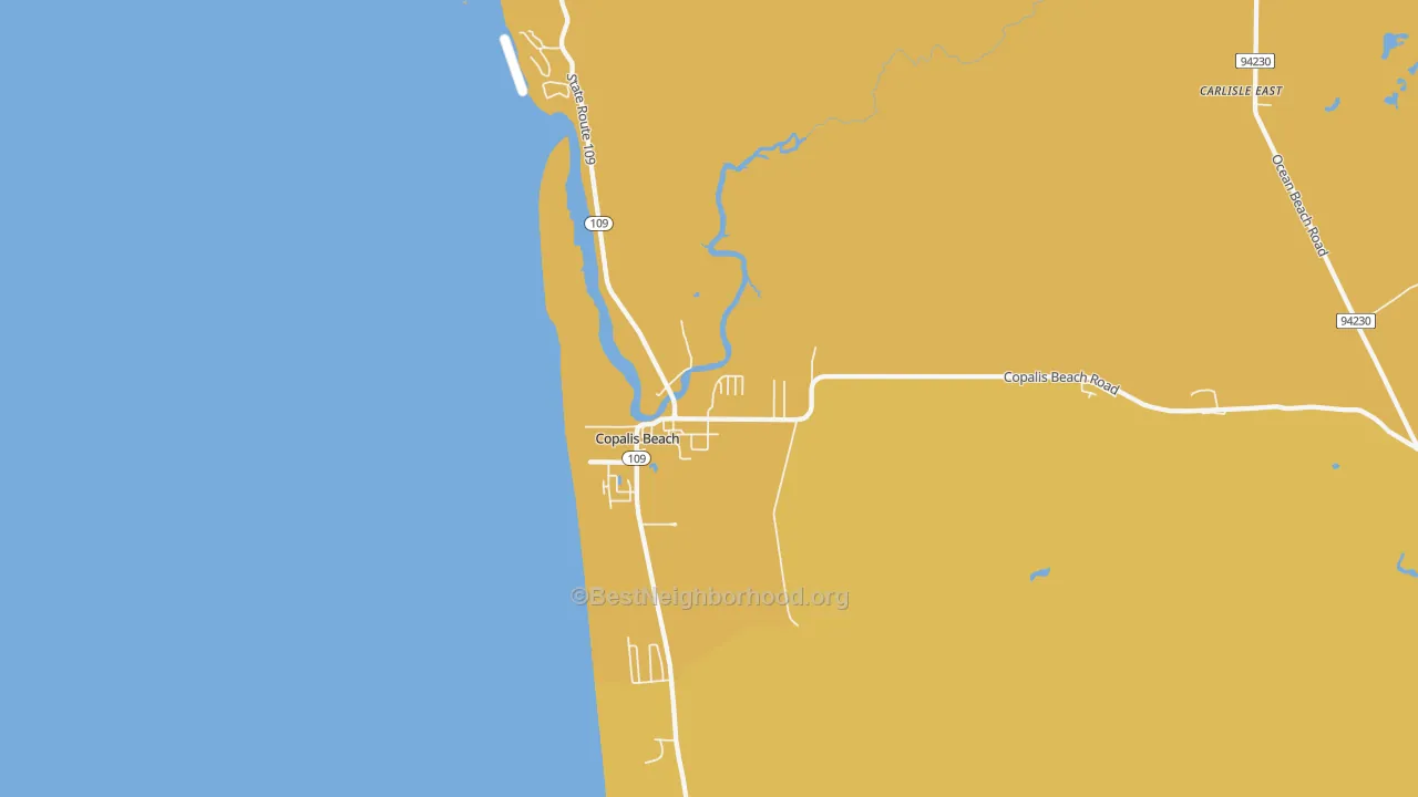 Map of the best neighborhoods in the Copalis Beach area, with better matches in green and worse matches in red