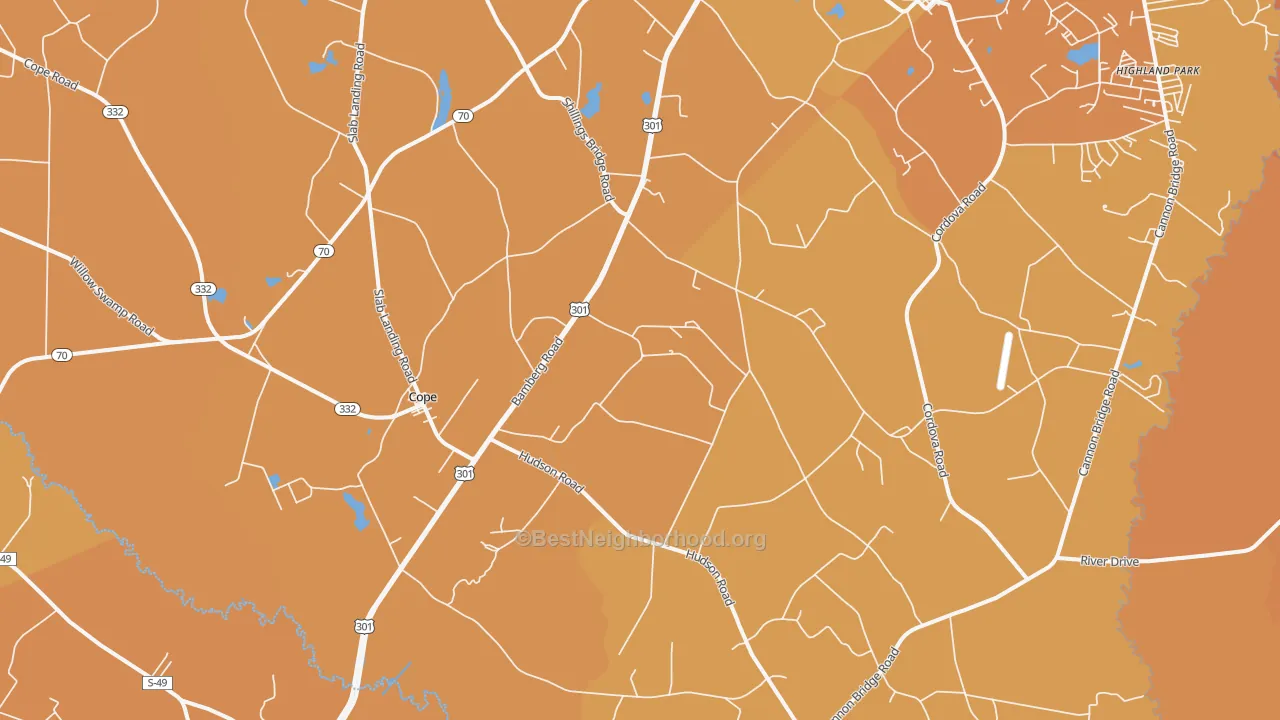 Map of the best neighborhoods in the Cope area, with better matches in green and worse matches in red