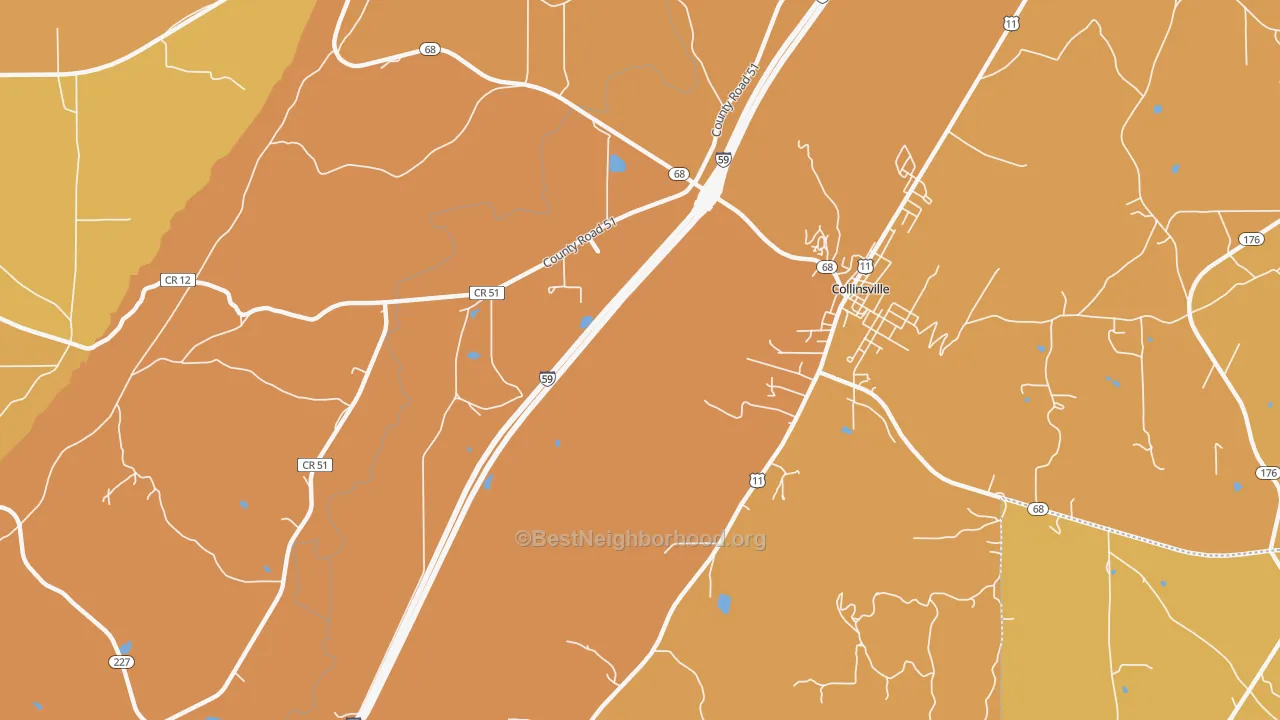 Map of the best neighborhoods in the Copeland Bridge area, with better matches in green and worse matches in red