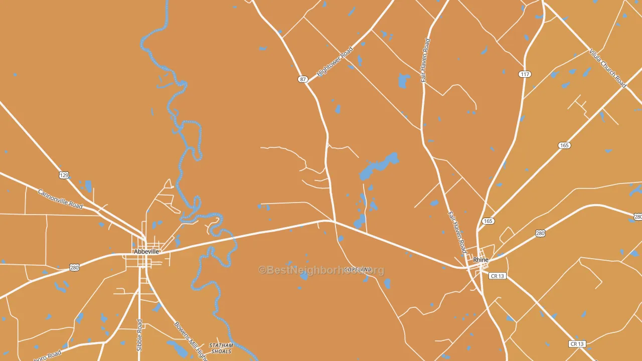 Map of the best neighborhoods in the Copeland area, with better matches in green and worse matches in red