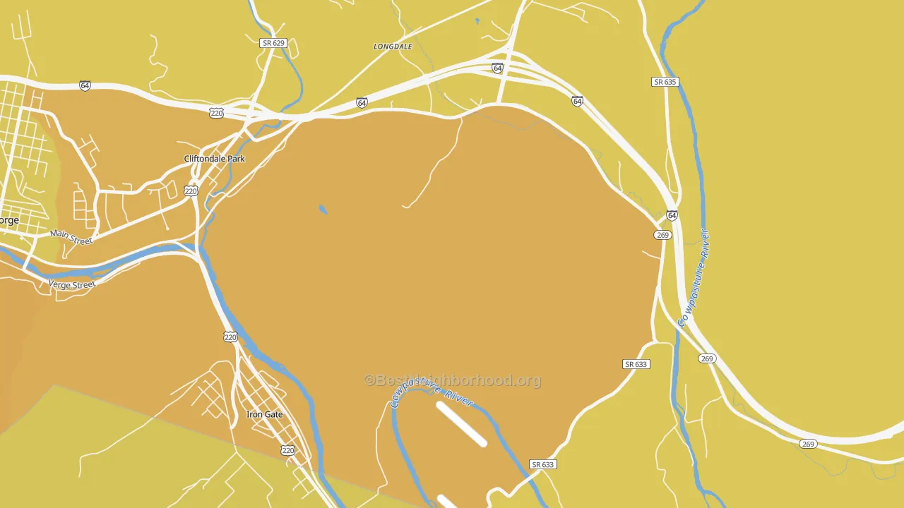 Map of the best neighborhoods in the Copeland area, with better matches in green and worse matches in red
