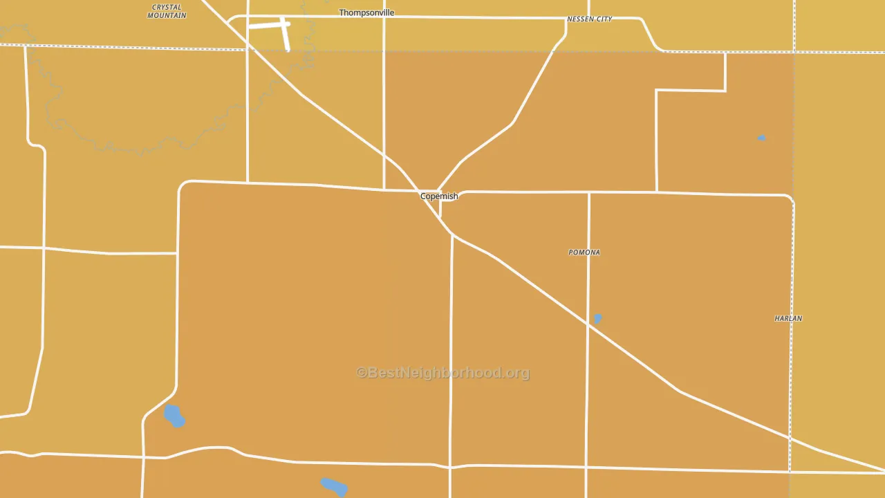 Map of the best neighborhoods in the Copemish area, with better matches in green and worse matches in red