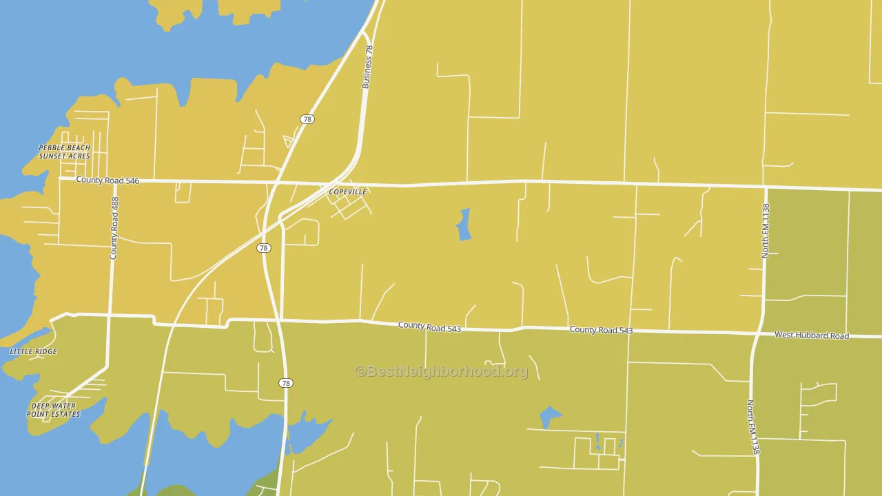 Map of the best neighborhoods in the Copeville area, with better matches in green and worse matches in red