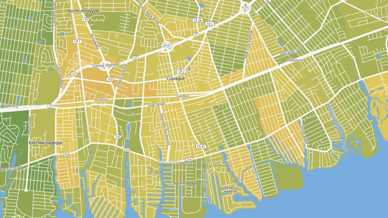 Map of the best neighborhoods in the Copiague area, with better matches in green and worse matches in red