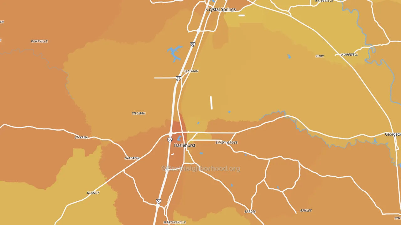 Map of the best neighborhoods in the Copiah County area, with better matches in green and worse matches in red