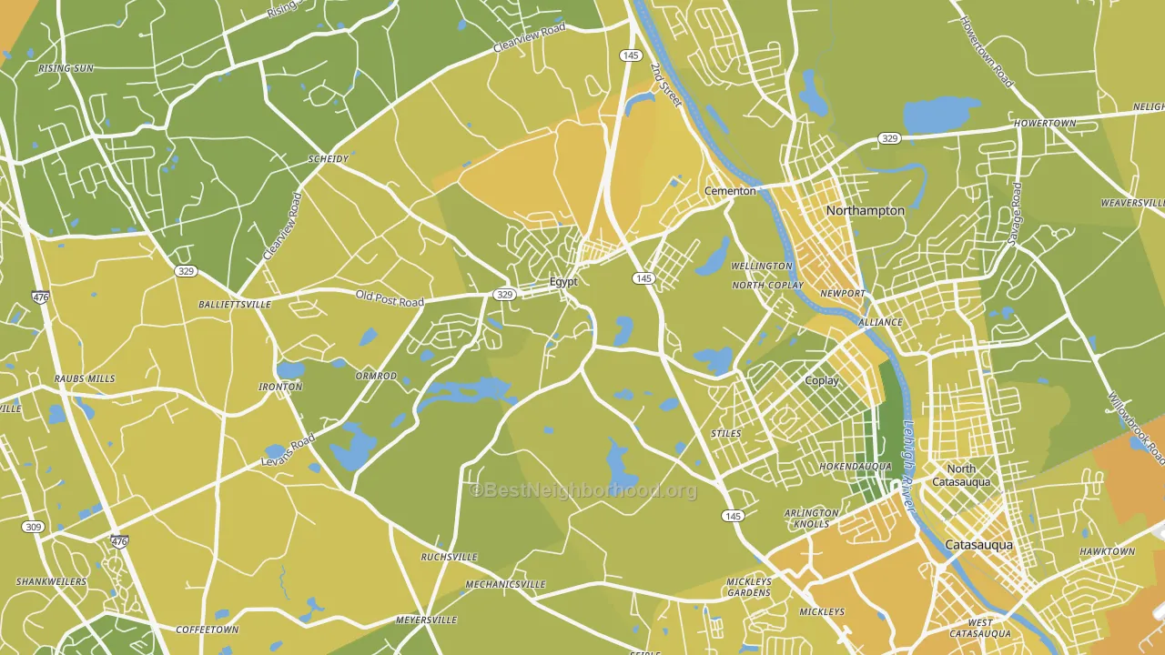Map of the best neighborhoods in the Coplay area, with better matches in green and worse matches in red