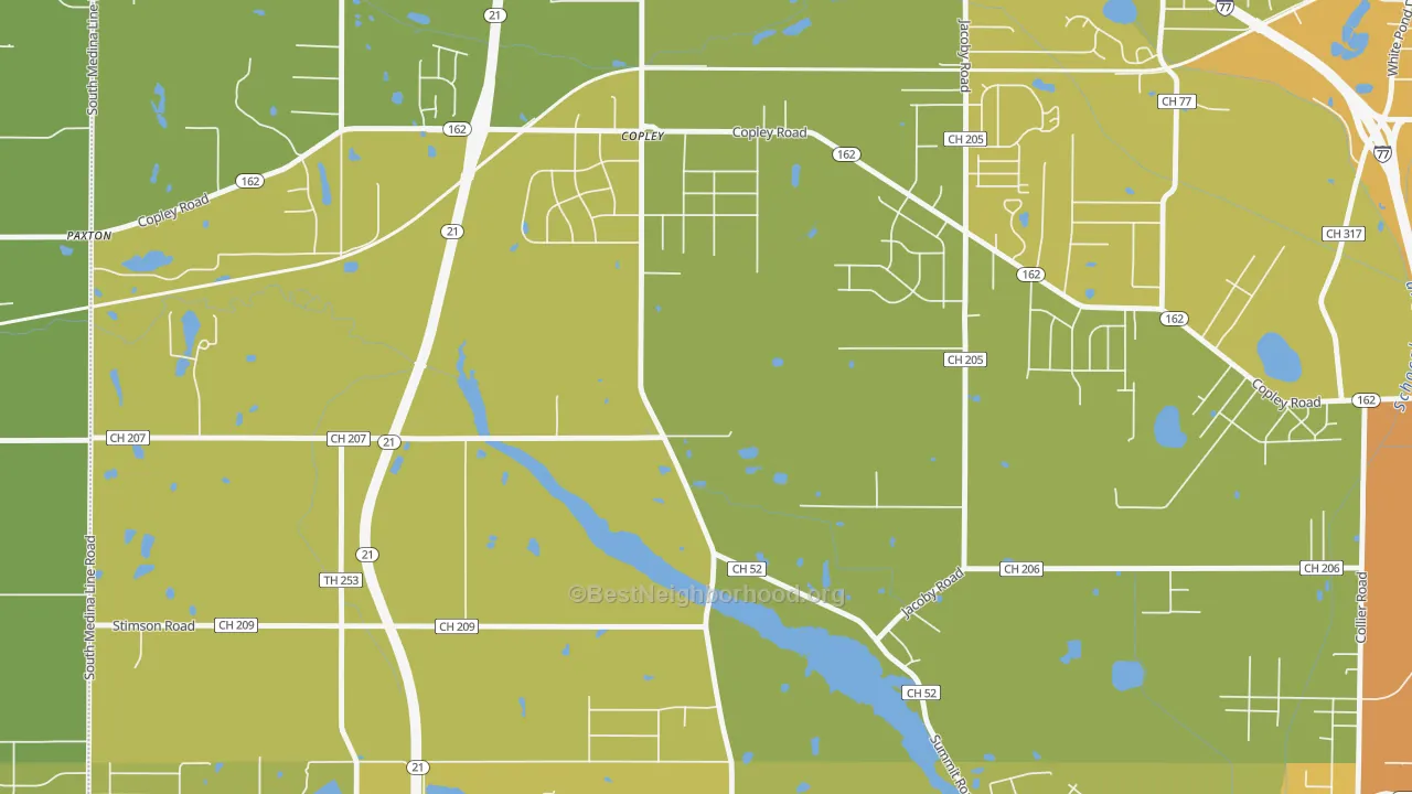 Map of the best neighborhoods in the Copley area, with better matches in green and worse matches in red