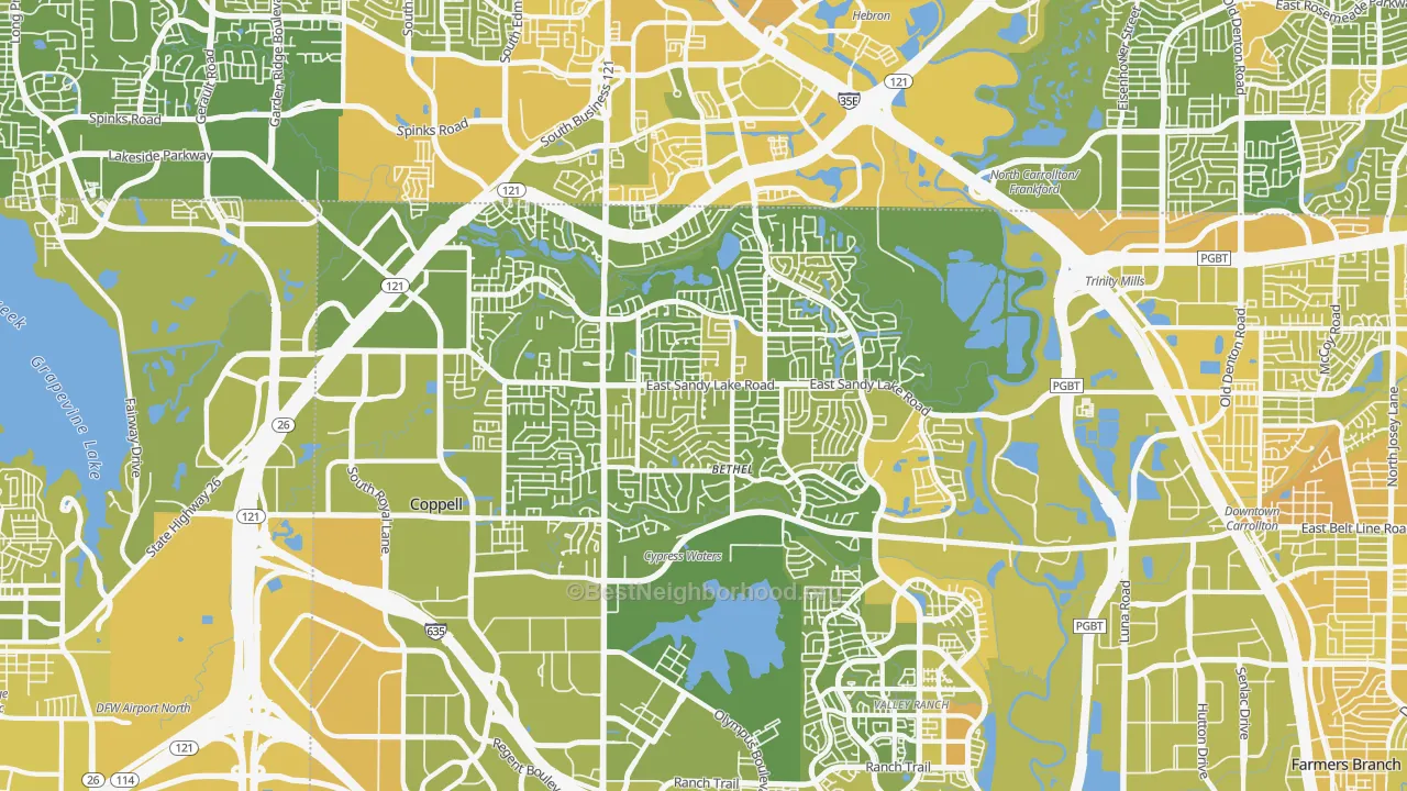 Map of the best neighborhoods in the Coppell area, with better matches in green and worse matches in red