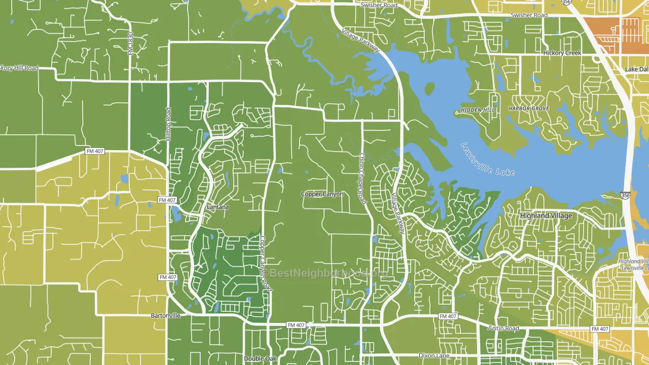 Map of the best neighborhoods in the Copper Canyon area, with better matches in green and worse matches in red