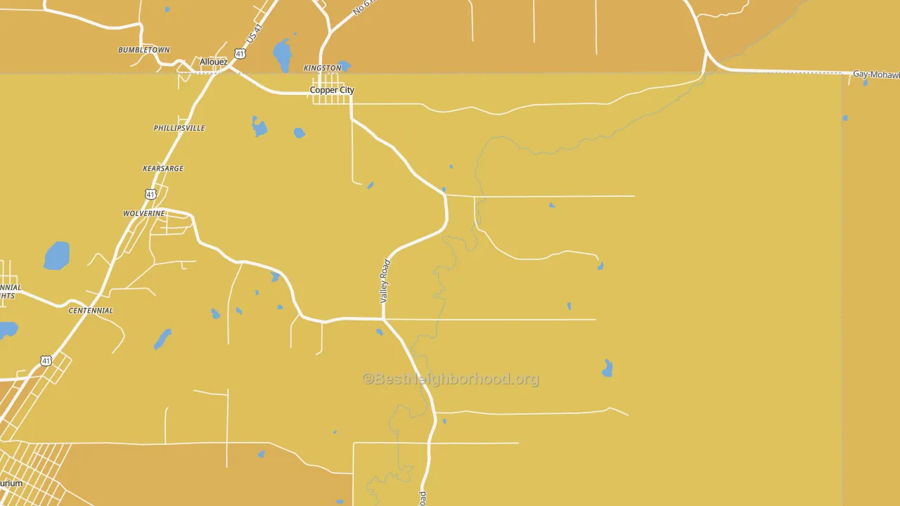 Map of the best neighborhoods in the Copper City area, with better matches in green and worse matches in red