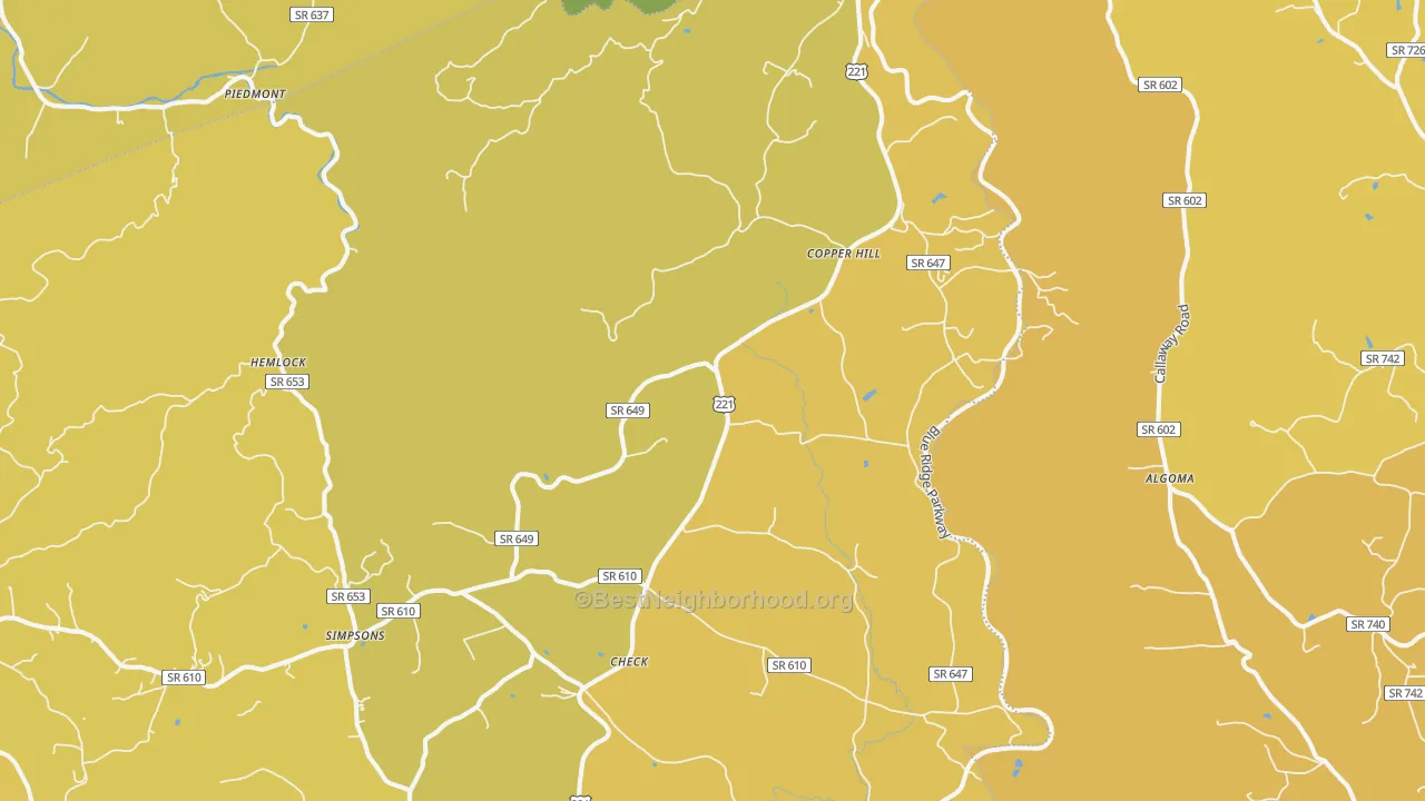 Map of the best neighborhoods in the Copper Hill area, with better matches in green and worse matches in red