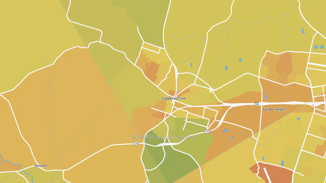Map of the best neighborhoods in the Copperas Cove area, with better matches in green and worse matches in red