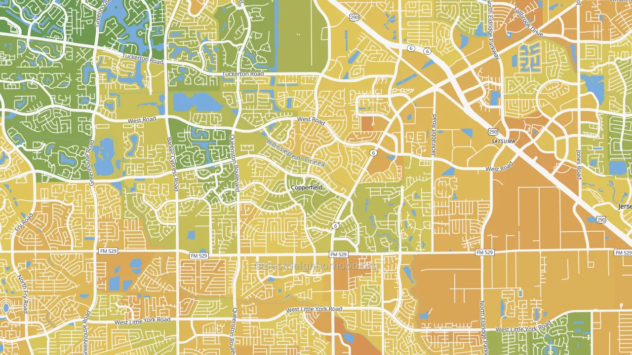 Map of the best neighborhoods in the Copperfield, Houston area, with better matches in green and worse matches in red