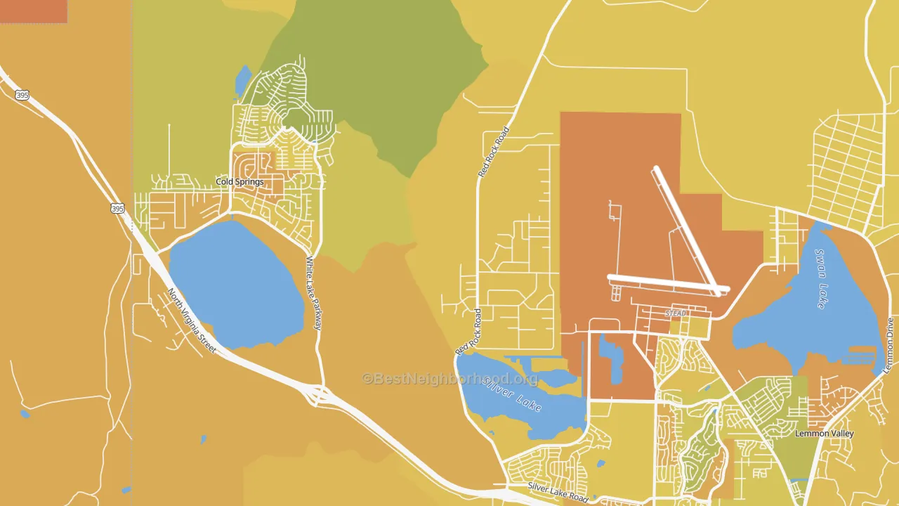 Map of the best neighborhoods in the Copperfield area, with better matches in green and worse matches in red