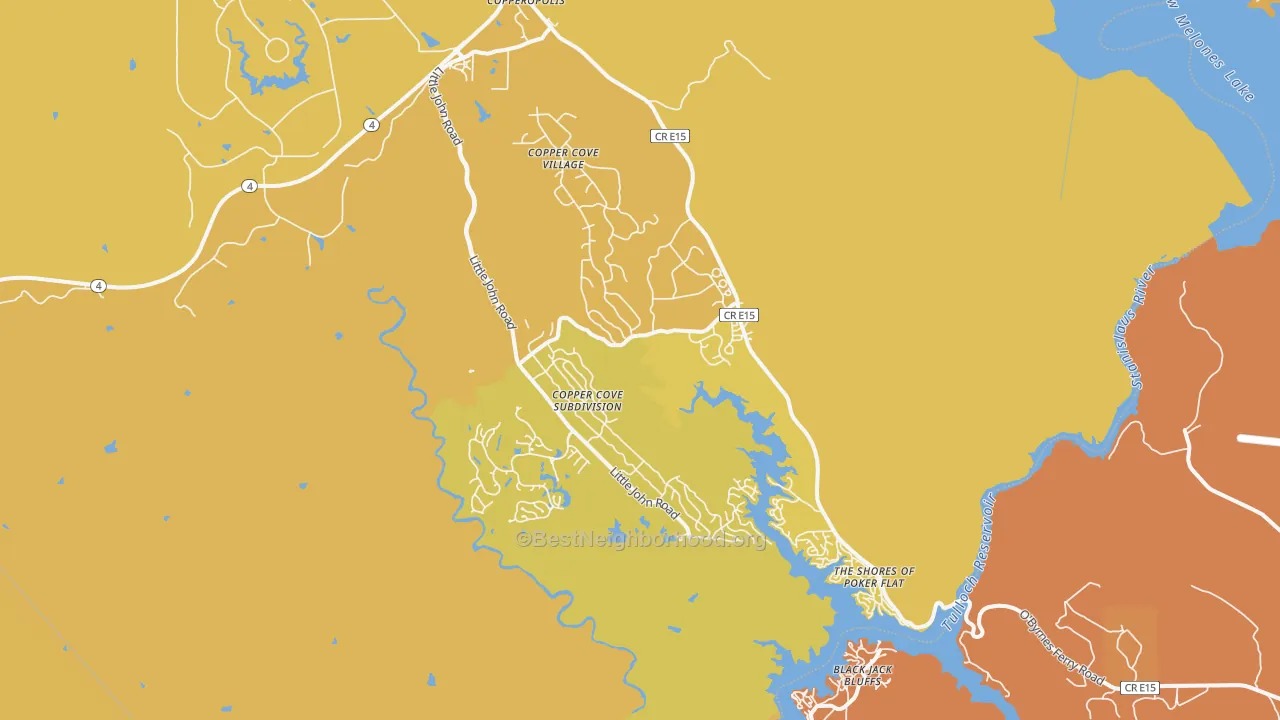 Map of the best neighborhoods in the Copperopolis area, with better matches in green and worse matches in red