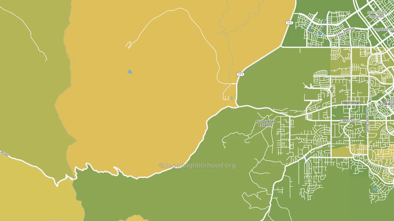 Map of the best neighborhoods in the Copperton area, with better matches in green and worse matches in red
