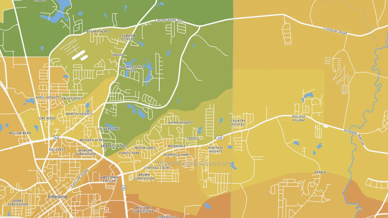 Map of the best neighborhoods in the Coppinville area, with better matches in green and worse matches in red