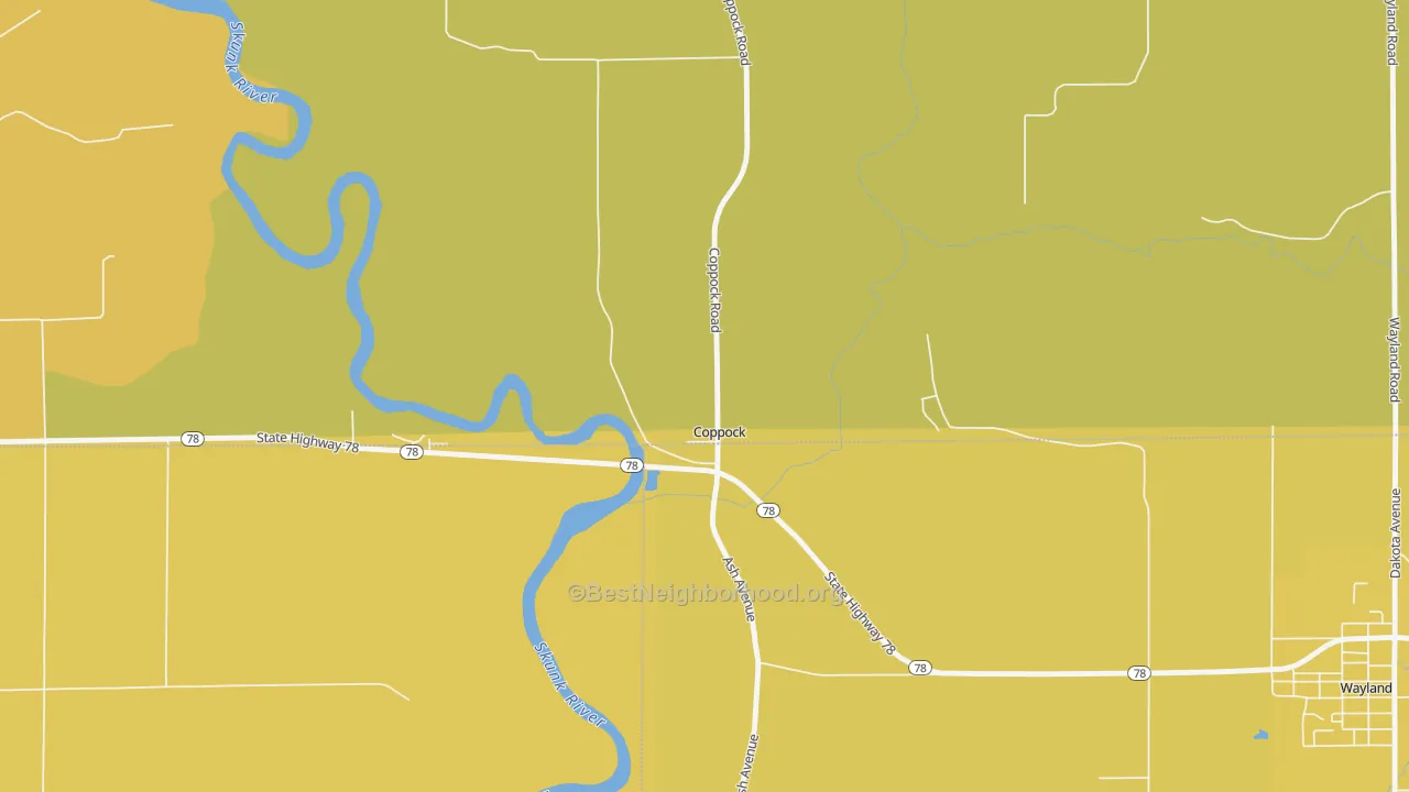 Map of the best neighborhoods in the Coppock area, with better matches in green and worse matches in red