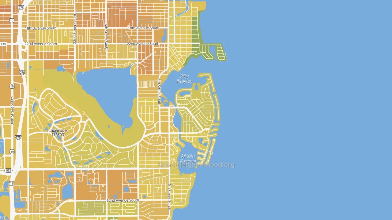Map of the best neighborhoods in the Coquina Key, St. Petersburg area, with better matches in green and worse matches in red