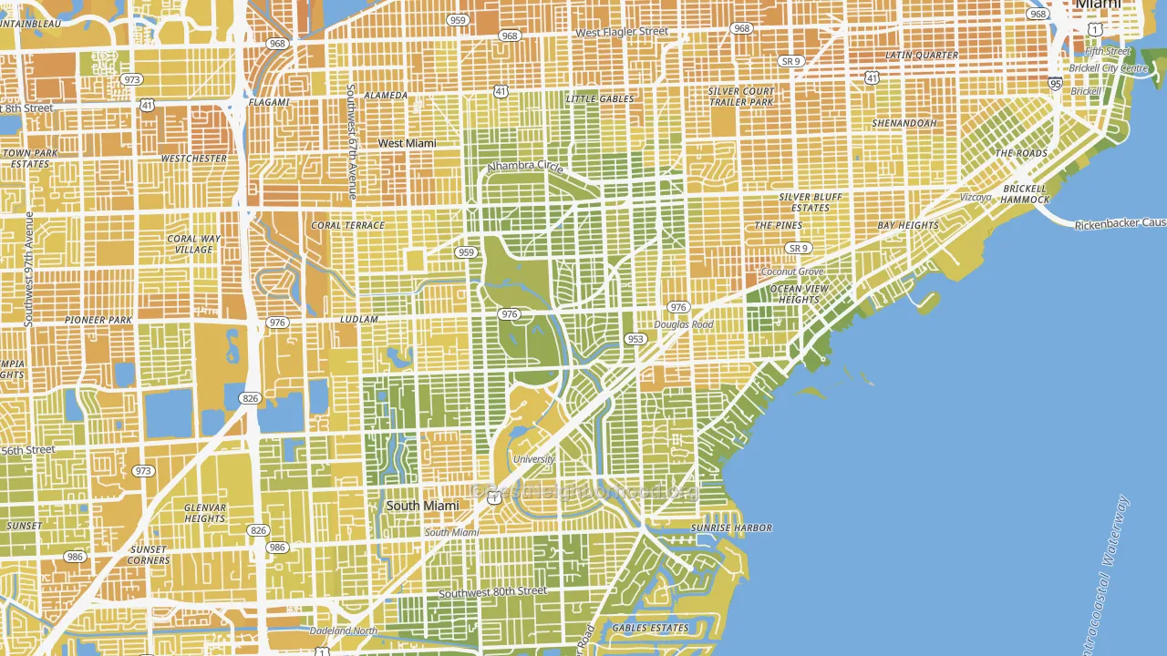 Map of the best neighborhoods in the Coral Gables area, with better matches in green and worse matches in red