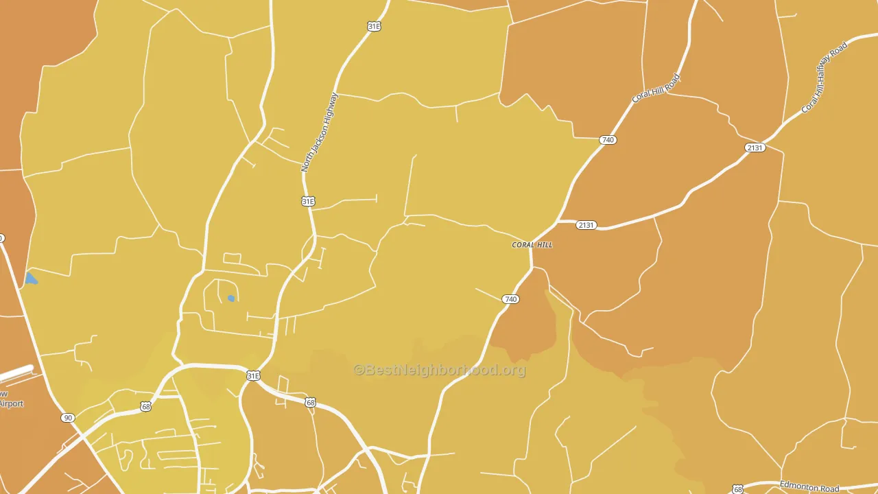 Map of the best neighborhoods in the Coral Hill area, with better matches in green and worse matches in red