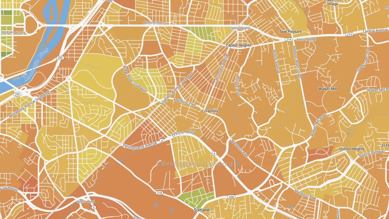 Map of the best neighborhoods in the Coral Hills area, with better matches in green and worse matches in red